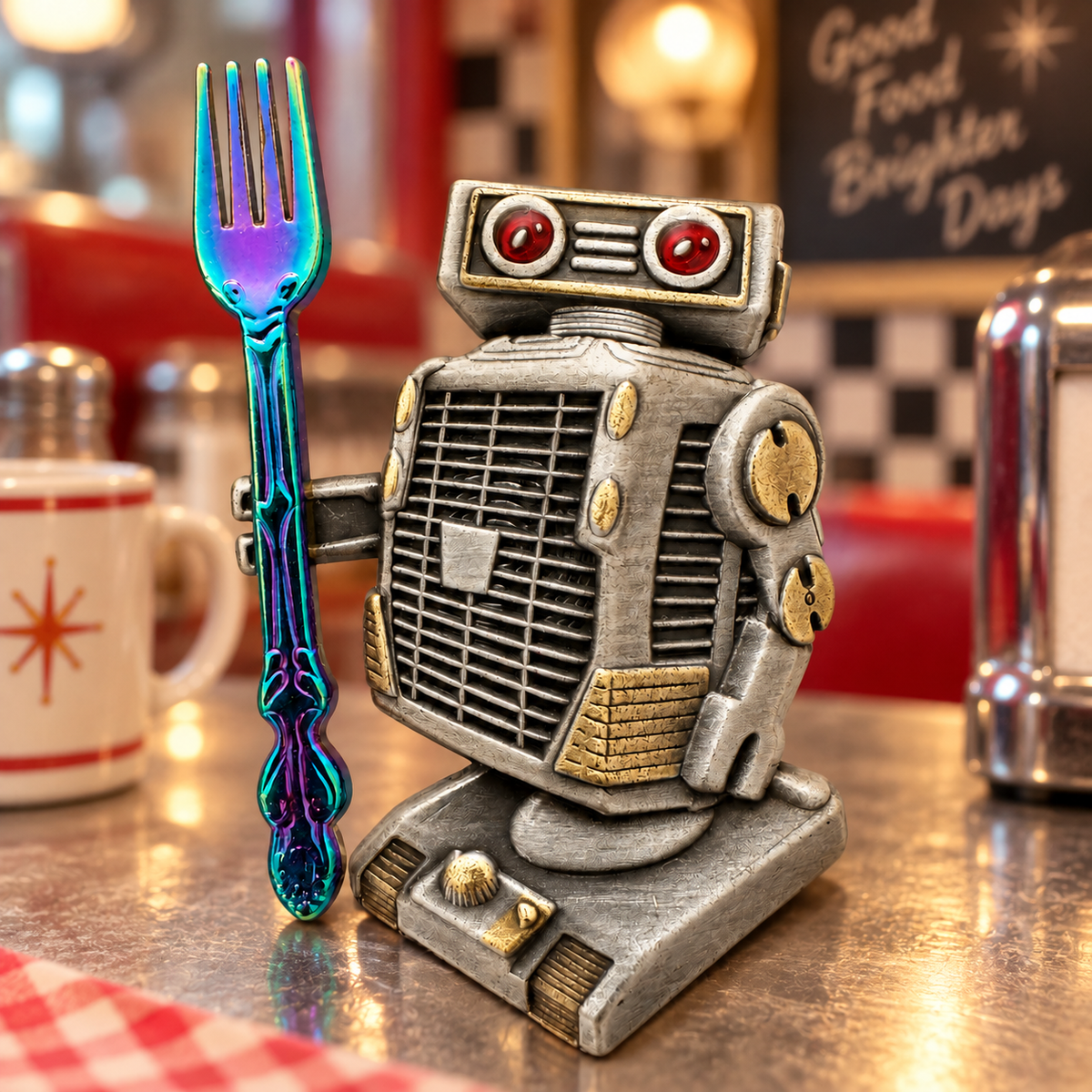 A silver-tone robot with red eyes and gold-tone accents holds an iridescent fork