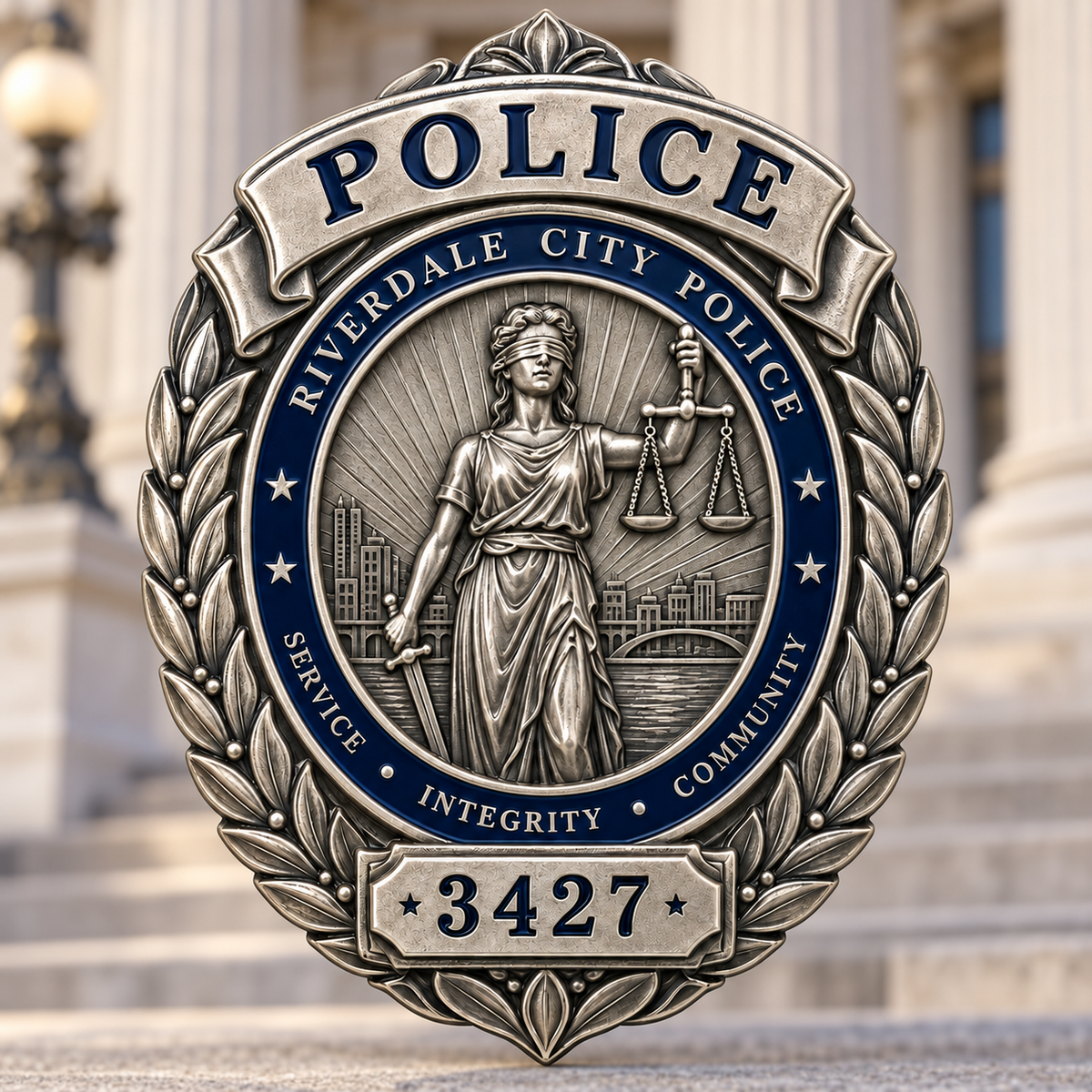 Silver-tone Riverdale City police badge with a Lady Justice figure, dark blue ring, laurel border, and number 3427