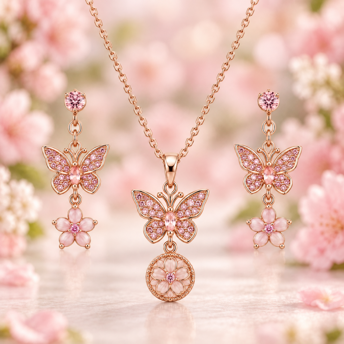 Pink butterfly and flower jewelry set with a pendant necklace and matching dangling earrings