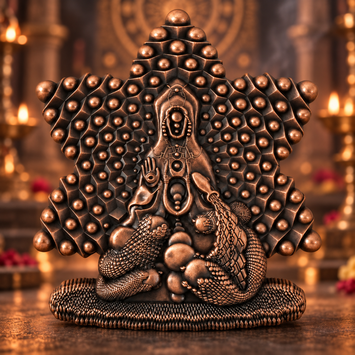 Coiled serpents surround a seated figure beneath a geometric, bead-covered backdrop in antique copper tones