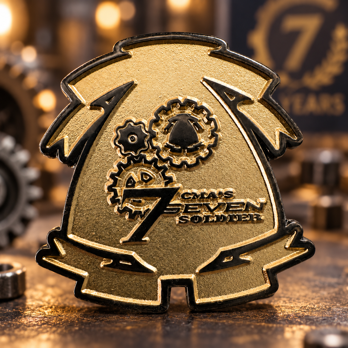 Gold-tone metal and dark outlines frame a gear emblem with a prominent number seven