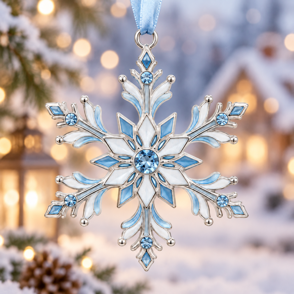 Silver-tone snowflake ornament with pale blue details, blue stones, and a hanging loop