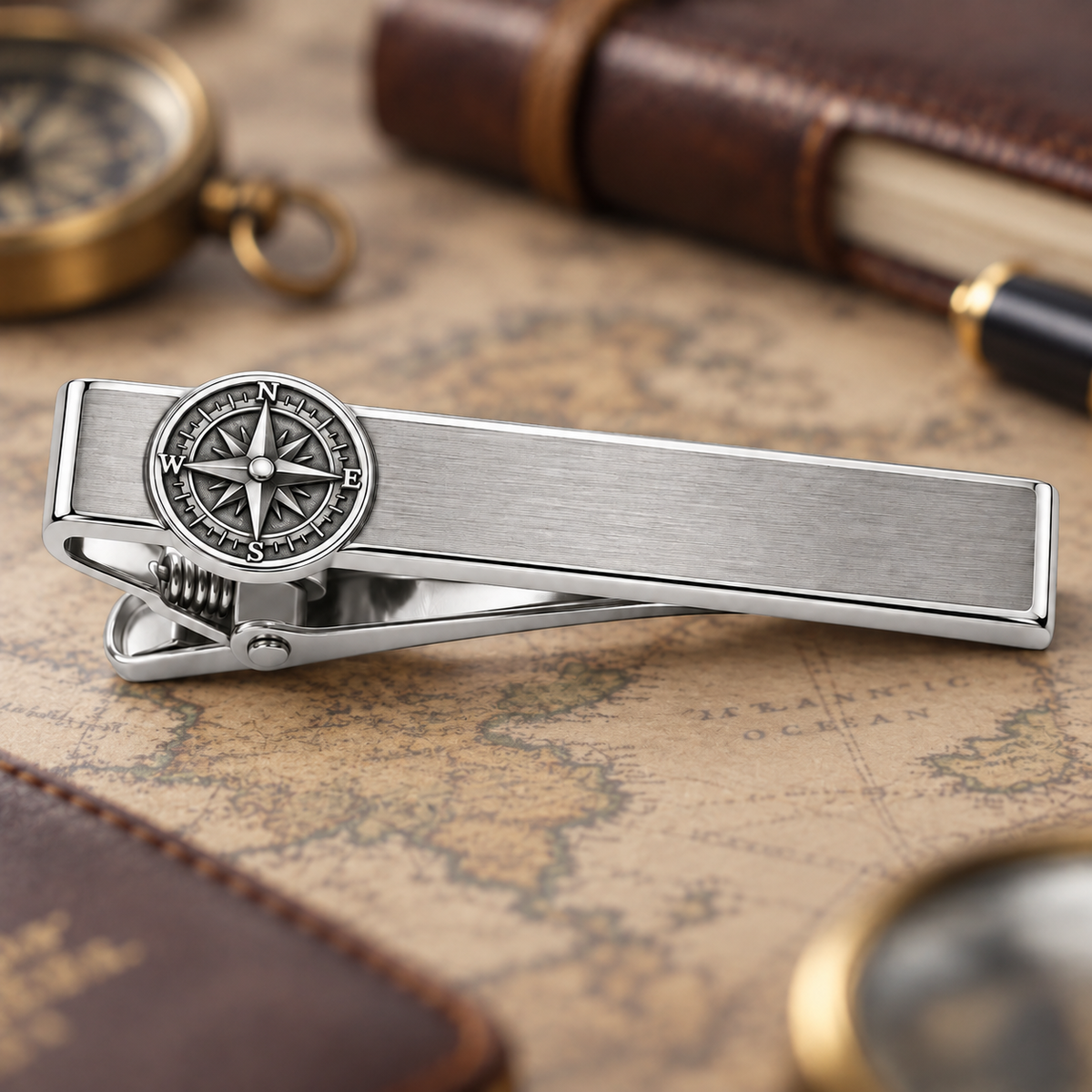Brushed silver-tone tie clip with a raised round compass emblem at one end