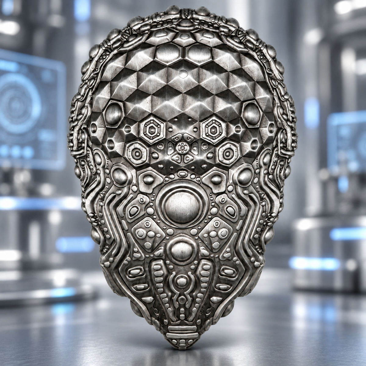Faceted geometry and layered mechanical details form an elongated silver-tone mask