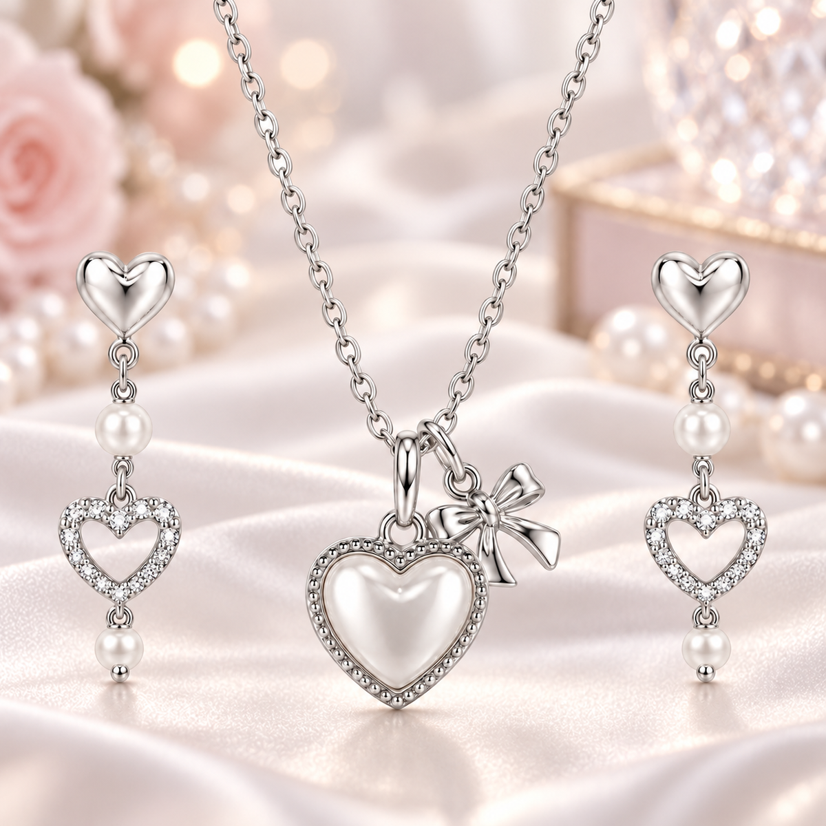 Silver-tone heart jewelry set with a bow-accented pendant necklace and matching dangling heart earrings