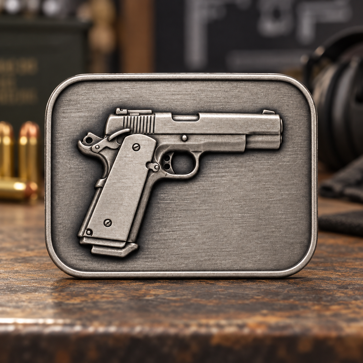Rectangular silver-tone belt buckle with a raised pistol on a dark textured background