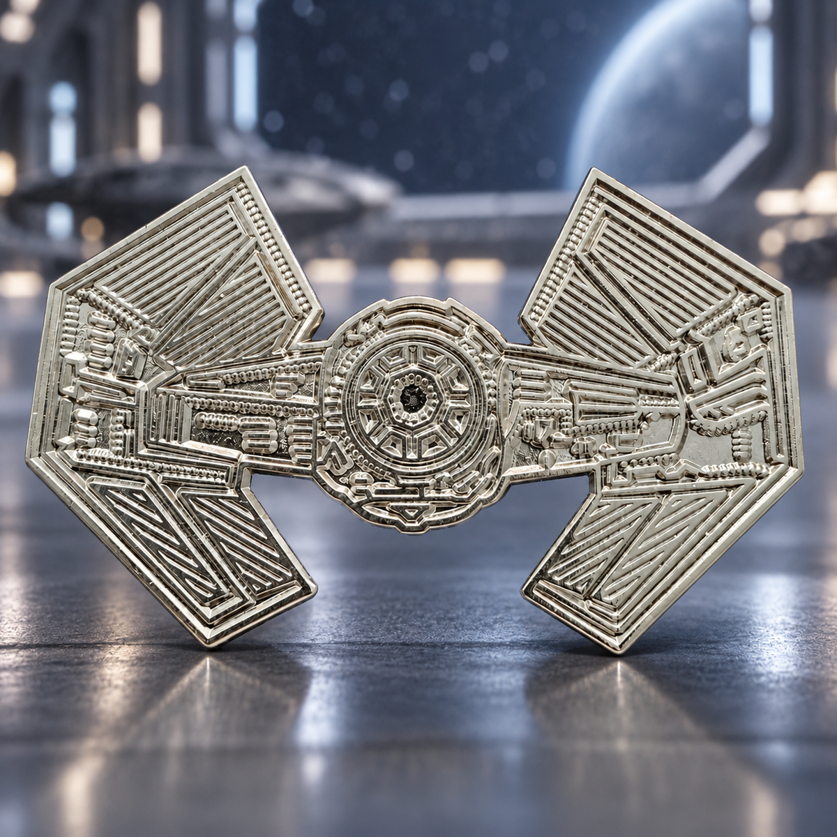 Angular wings and detailed mechanical lines surround the circular center of a silver-tone spacecraft
