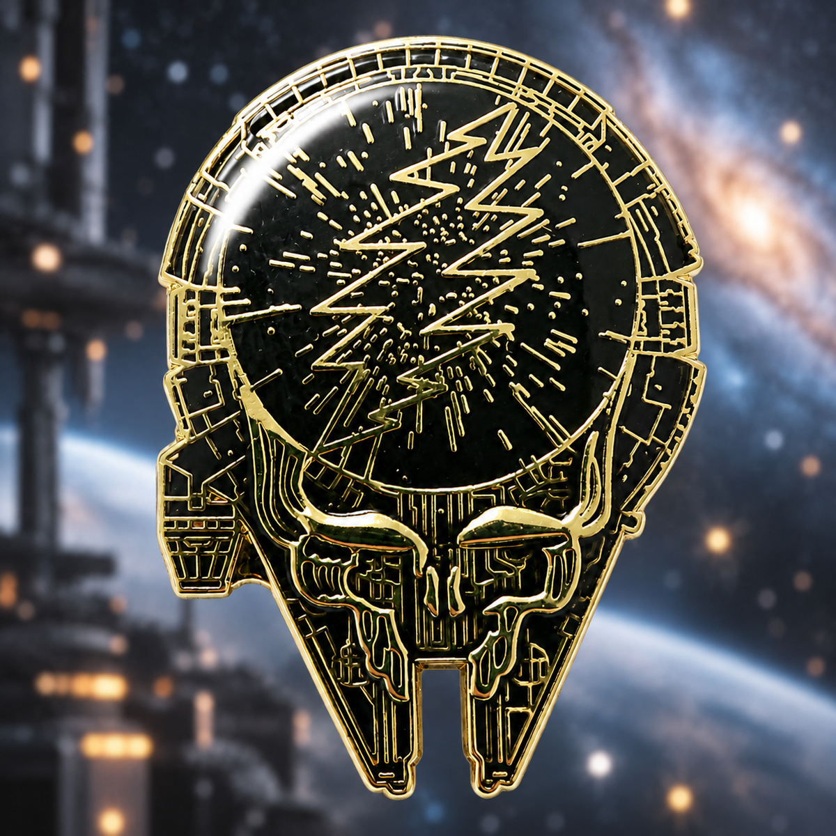 Black and gold-tone spaceship soft enamel pin with a central lightning bolt and detailed metal lines