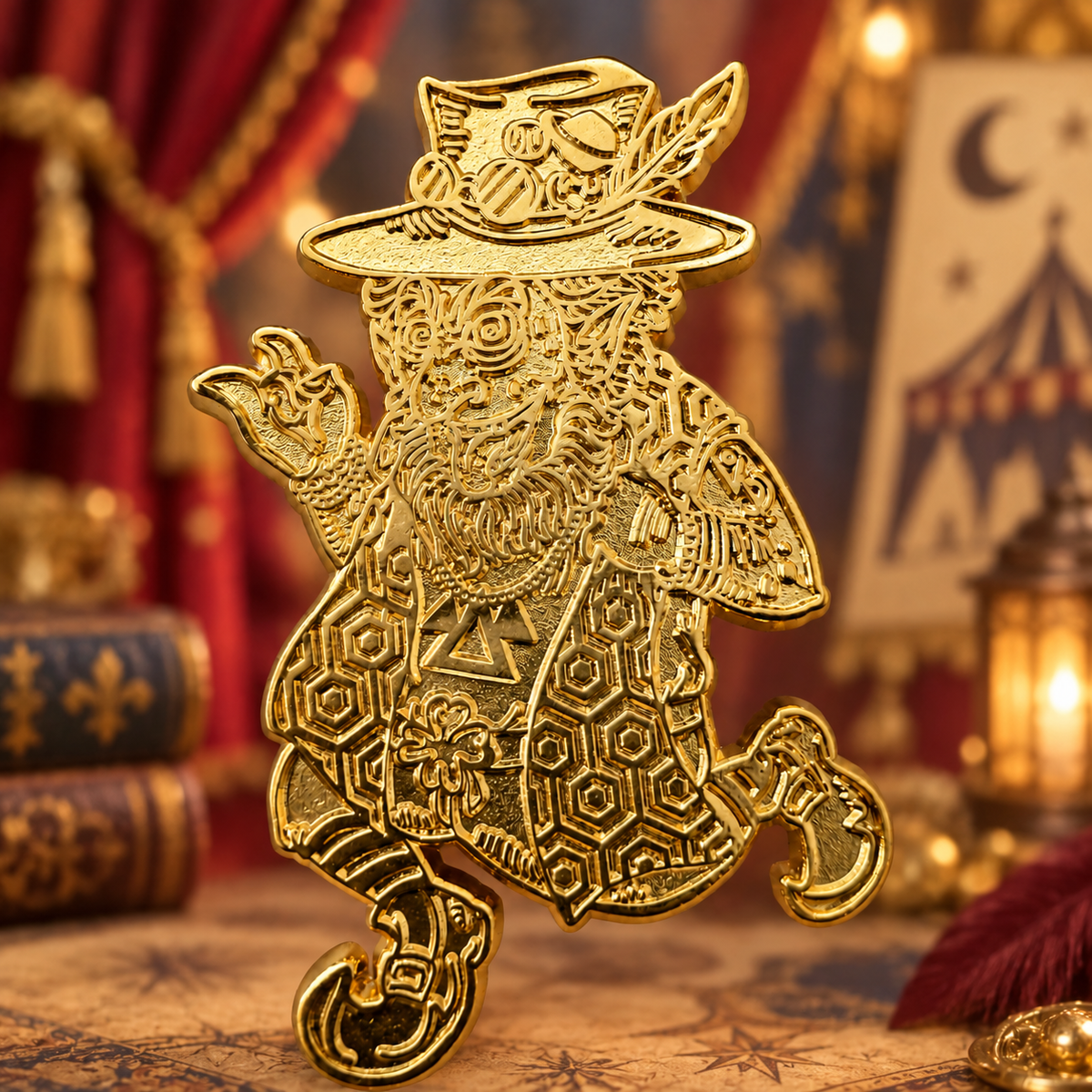 A whimsical character wears an ornate top hat, goggles, and a patterned coat in gold-tone metal