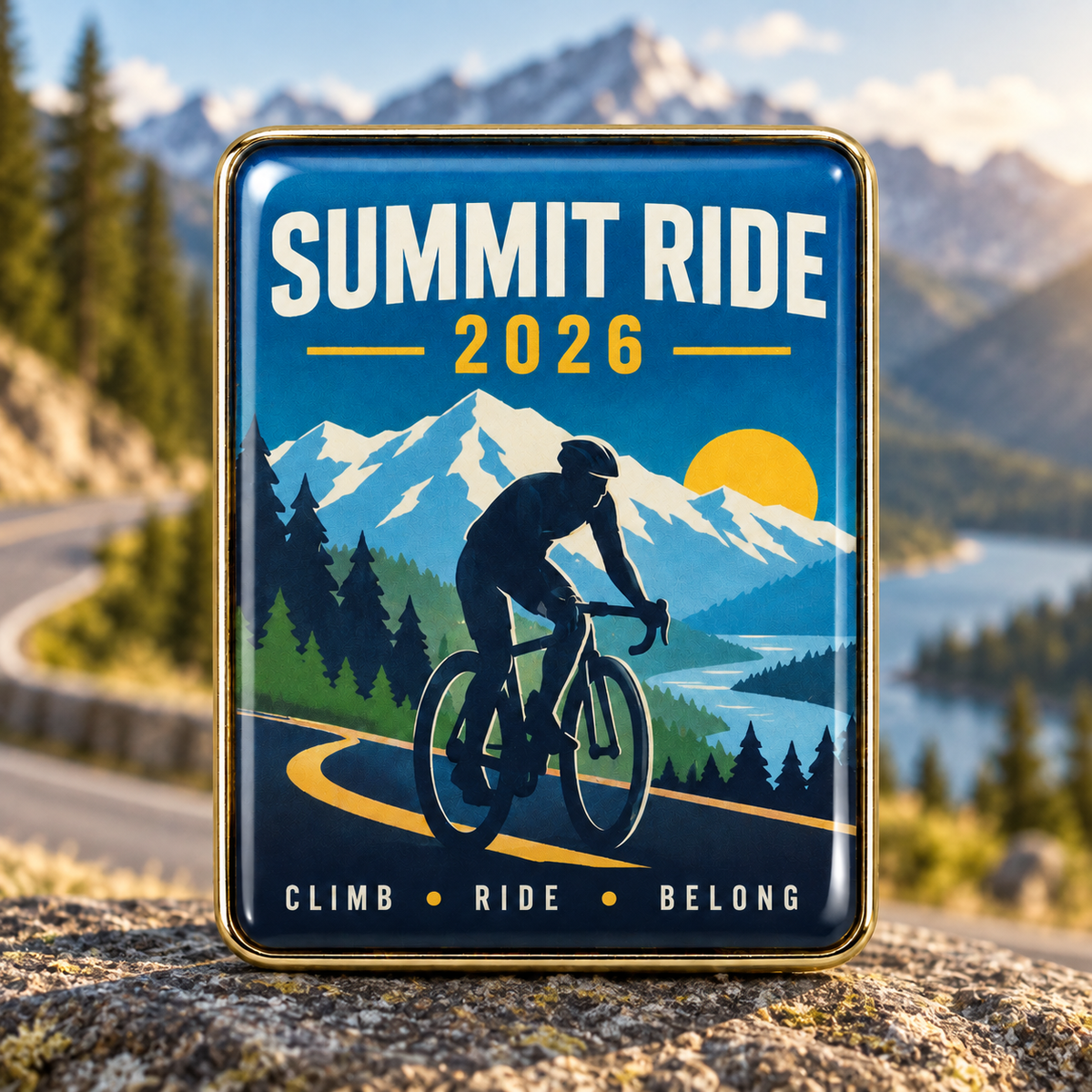 A cyclist rides through a mountain landscape beneath Summit Ride 2026 lettering
