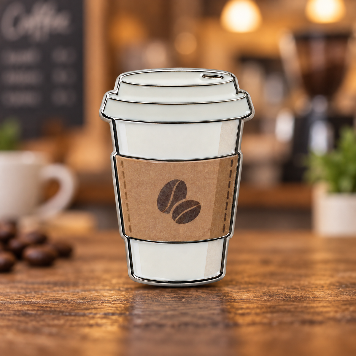 A white takeaway cup features a brown sleeve with a coffee-bean motif and subtle shading