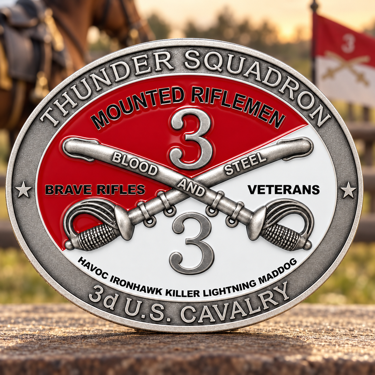Round Thunder Squadron 3rd Cavalry belt buckle with crossed sabers, large number 3, and red and white enamel