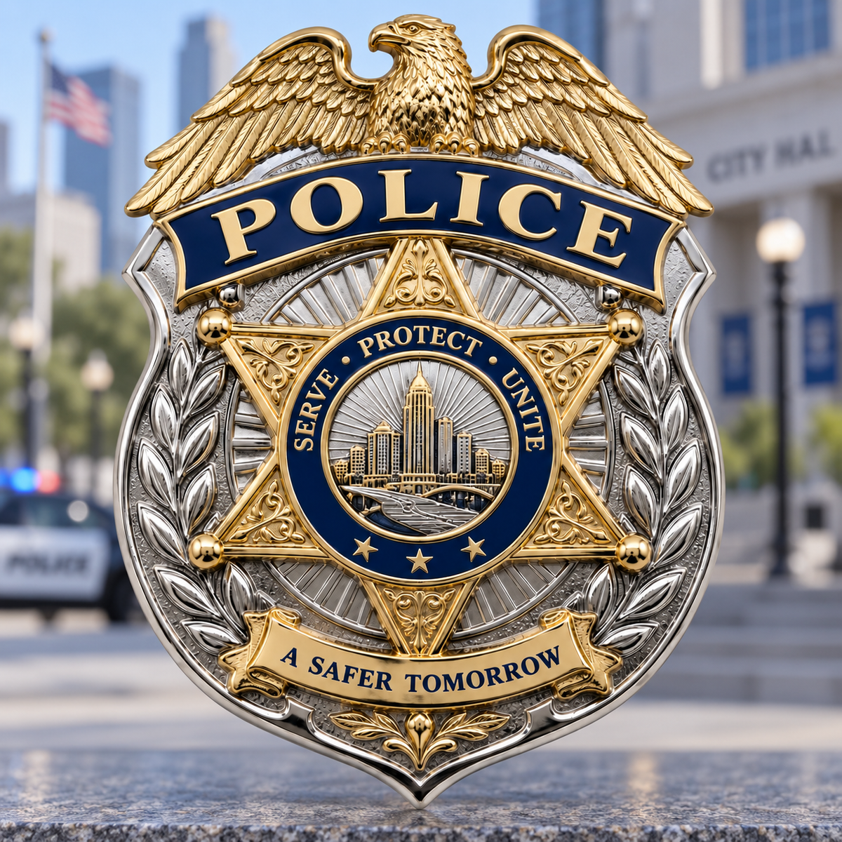 Two-tone police shield badge with a gold-tone eagle and star, silver-tone laurel border, and dark blue banners