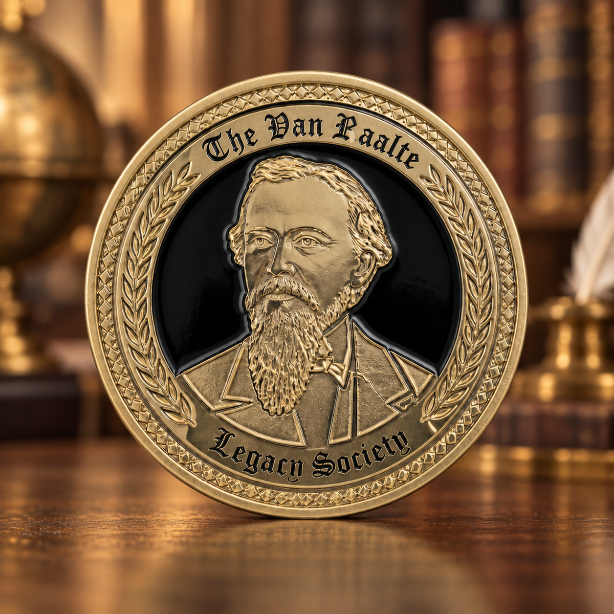 A raised gold-tone portrait is framed by laurel branches and Legacy Society lettering against black enamel