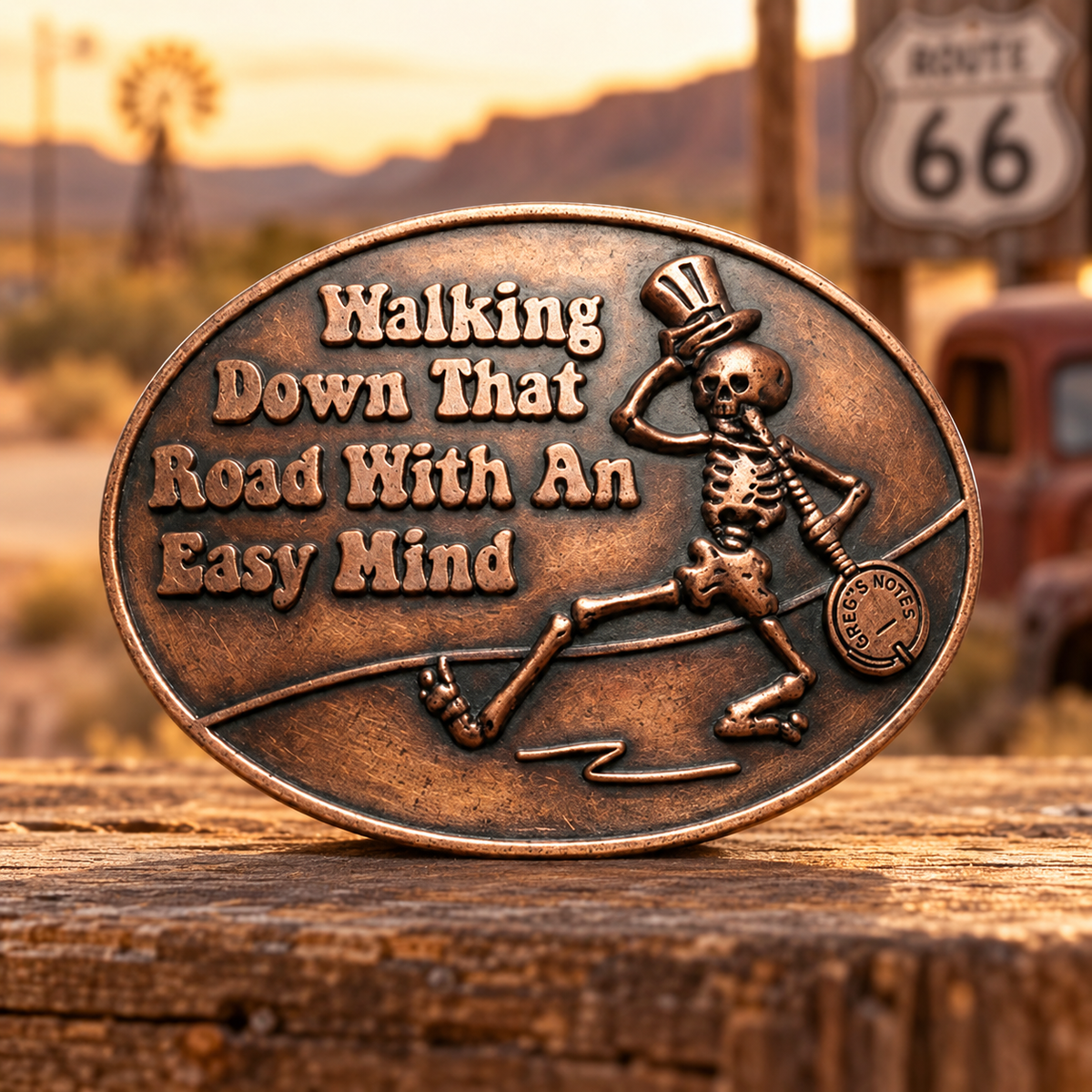 Oval copper-tone belt buckle with a walking skeleton in a top hat and raised song lyric lettering