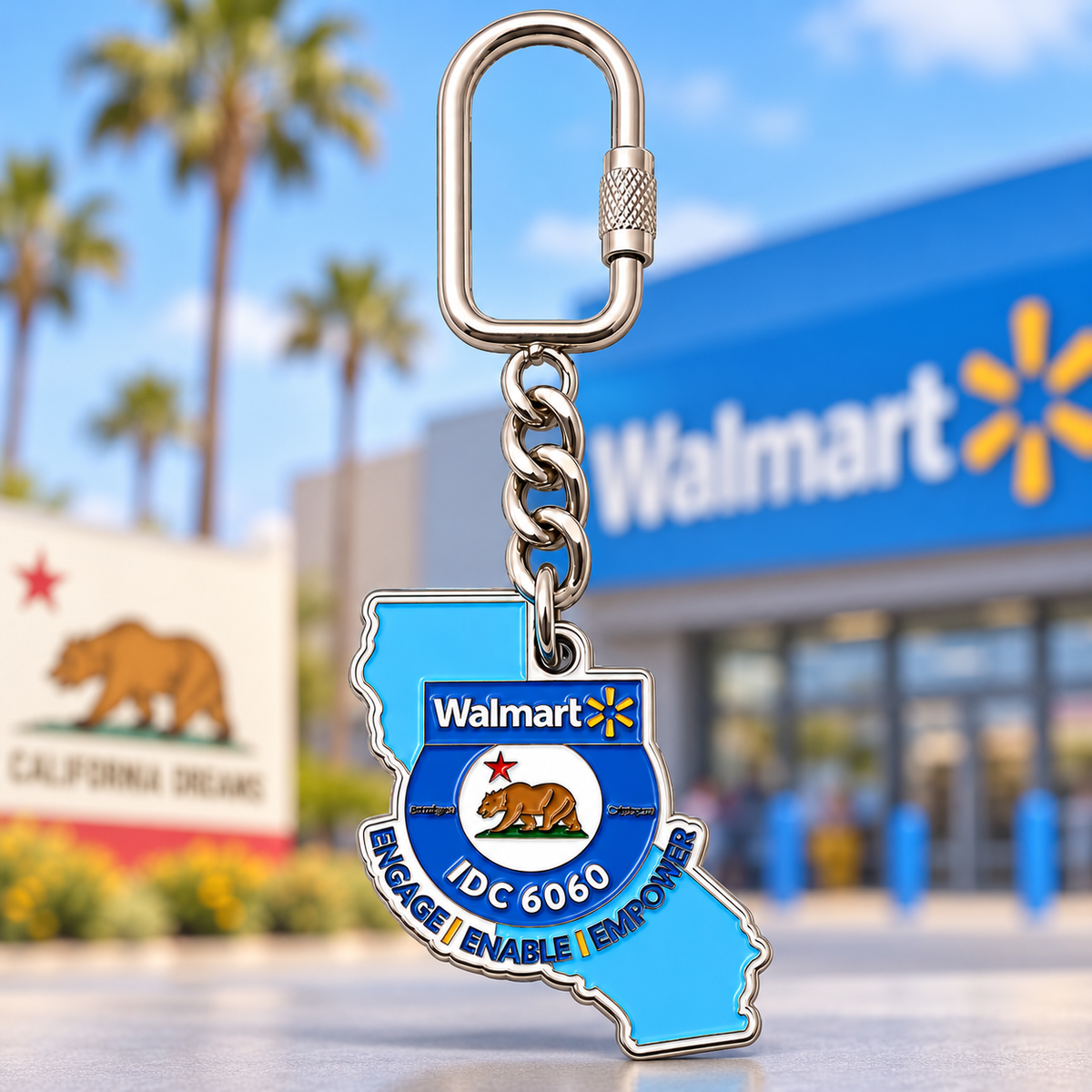 California-shaped Walmart IDC 6060 keychain with a blue center, bear emblem, chain, and carabiner clasp