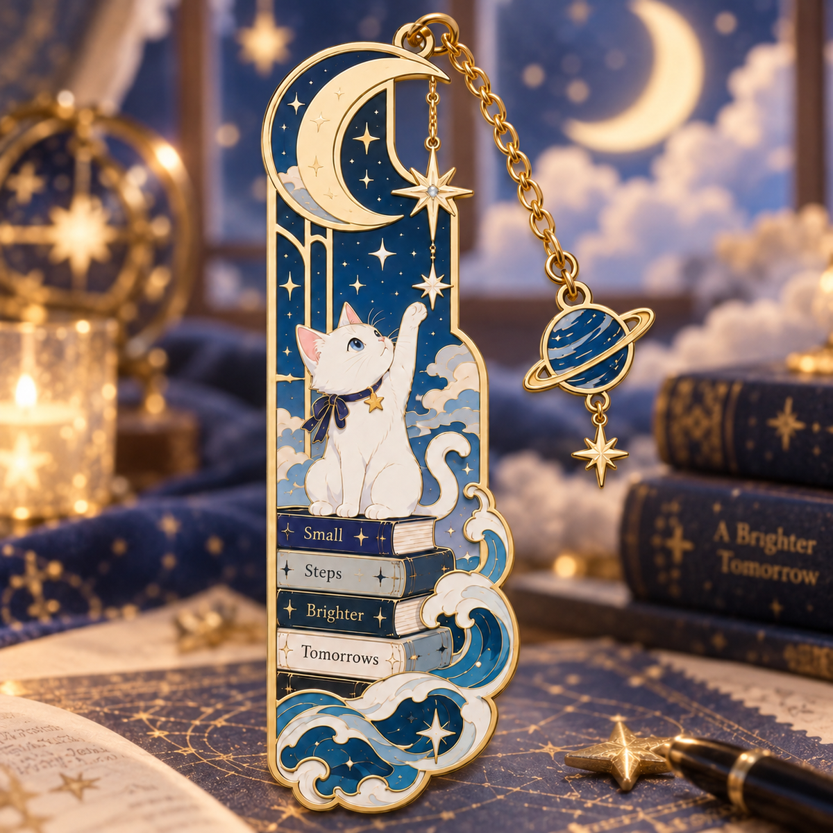 Gold-outlined bookmark showing a white cat on books beneath a crescent moon, with a dangling planet charm