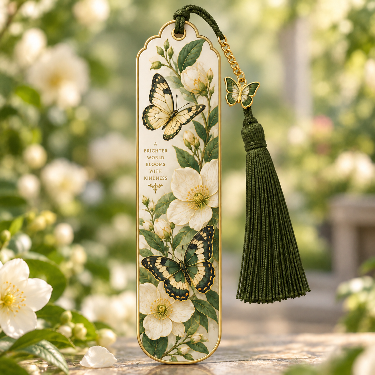 Cream-colored floral bookmark with white flowers, green butterflies, and a dark green tassel