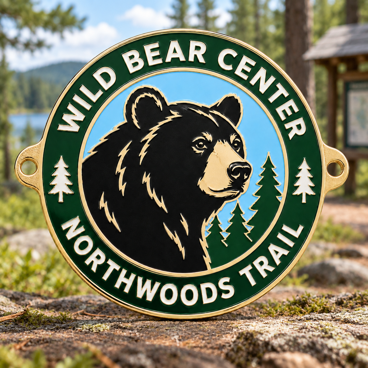 Round Wild Bear Center trail medallion with a black bear, pine trees, green border, and two mounting tabs