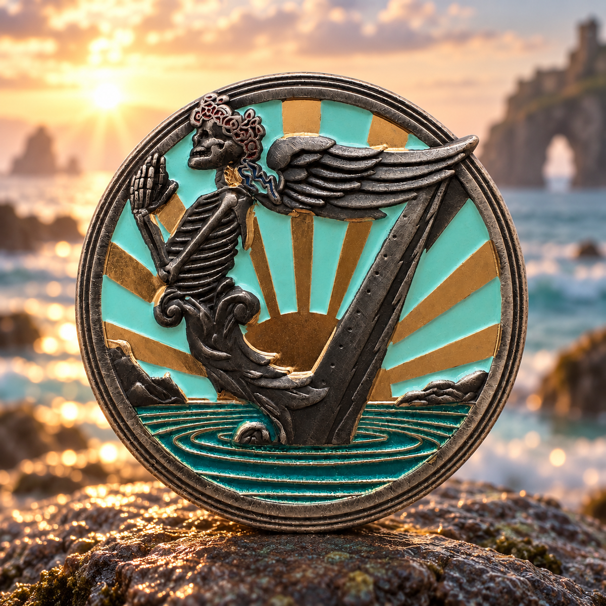 A sculpted winged skeleton rises above turquoise waves against a gold-and-turquoise sunburst