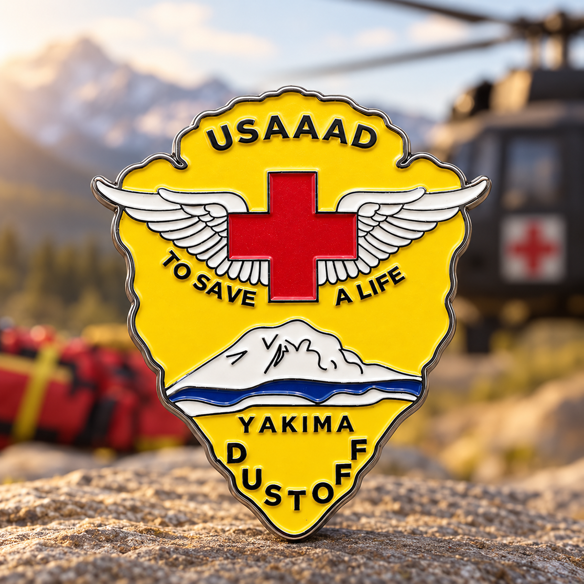 A winged red cross and mountain scene stand out against a yellow shield-shaped design