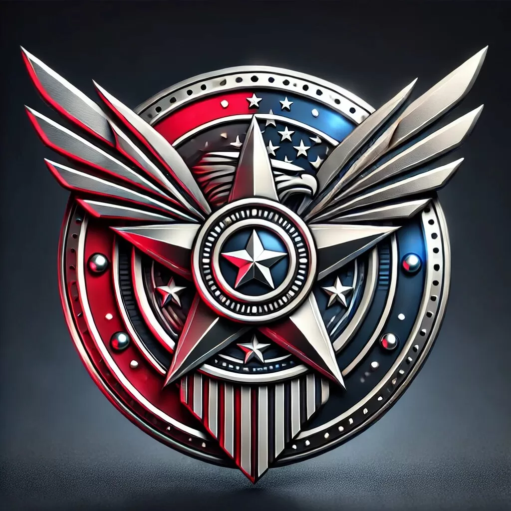 a silver and red emblem pin  with wings