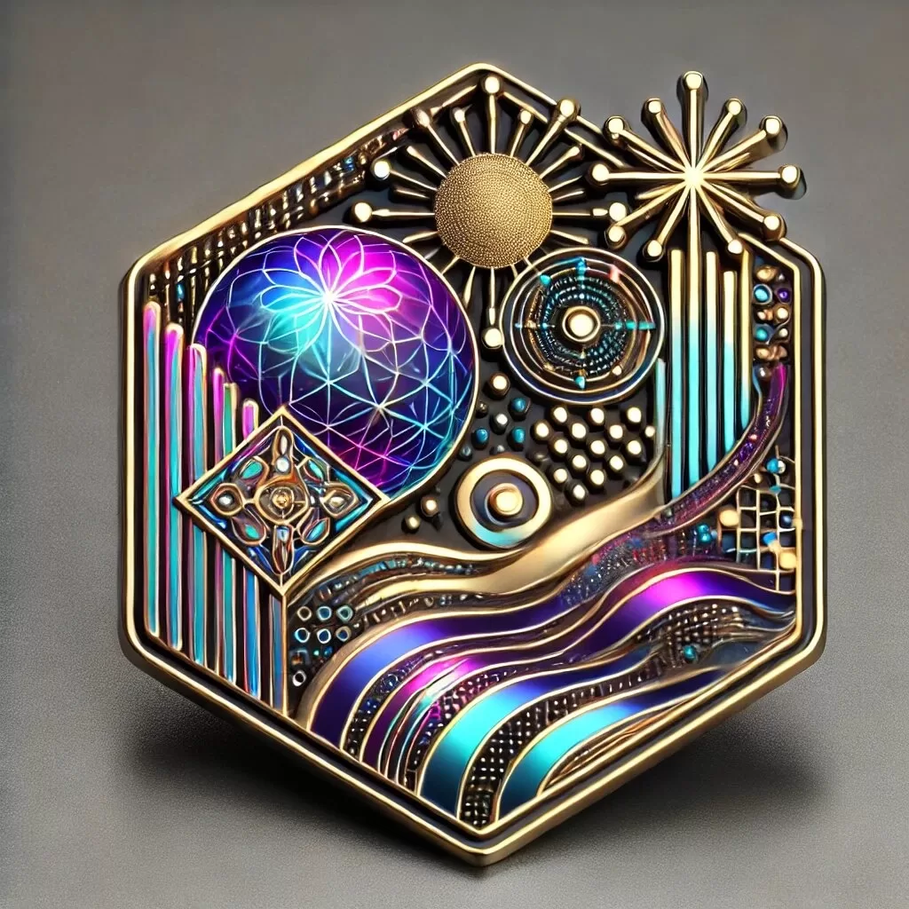 a pin with colorful designs
