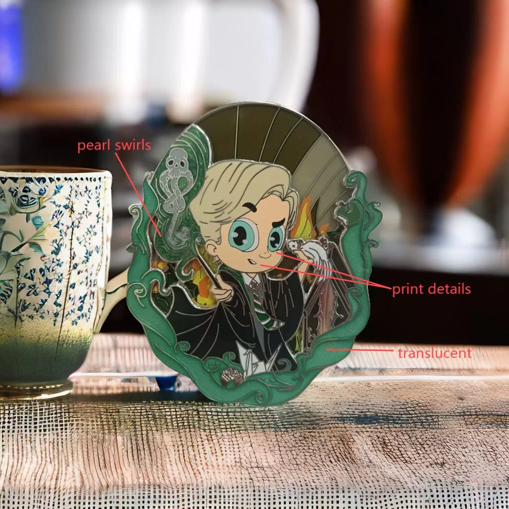 This is a wizard-themed hard enamel pin in vibrant colors, designed for collectors and fans of custom lapel pins