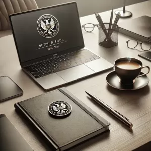 A sleek and professional workspace featuring a modern laptop, notebook, pen, coffee cup, and a high-quality promotional pins in one corner on a clean wooden desk, under soft lighting.