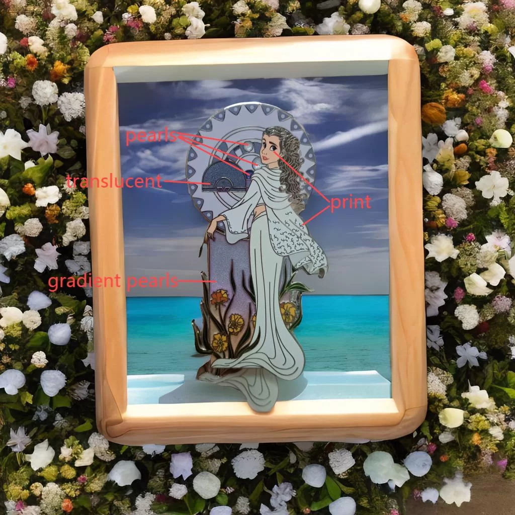 Elegant Female Figure Pin in white robes with floral accents and intricate design details.