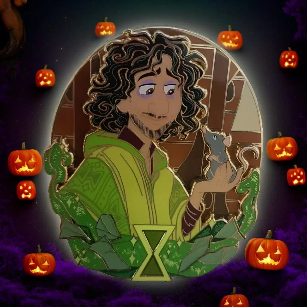 An Encanto-themed pin showing a green-cloaked character holding a mouse, surrounded by pumpkins and a time symbol.