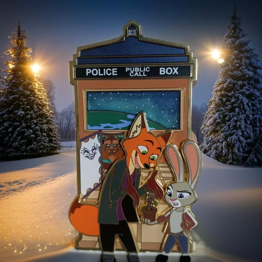 A Zootopia-inspired pin showing a fox and rabbit interacting in front of a police box with a snowy night background.