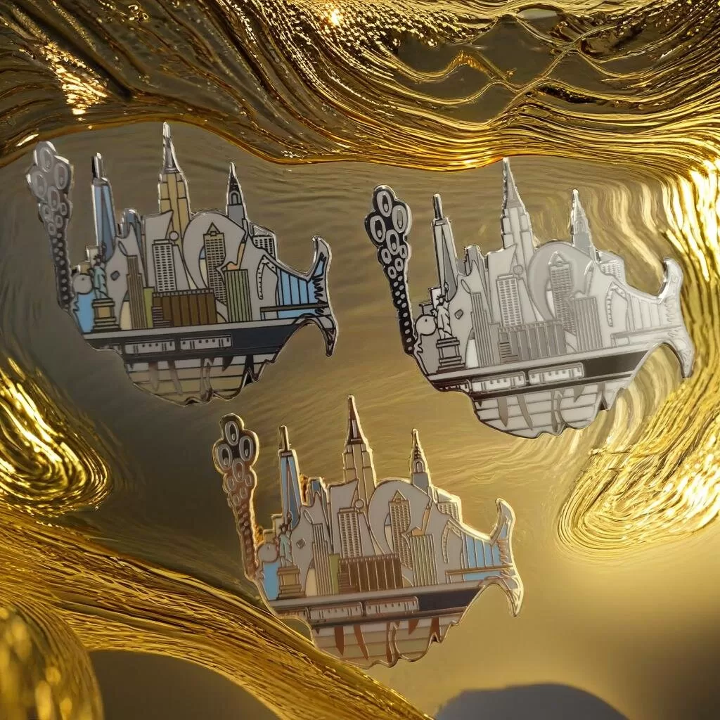 City skyline-themed custom pins with modern architectural design, ideal for band memorabilia or festive gifts.