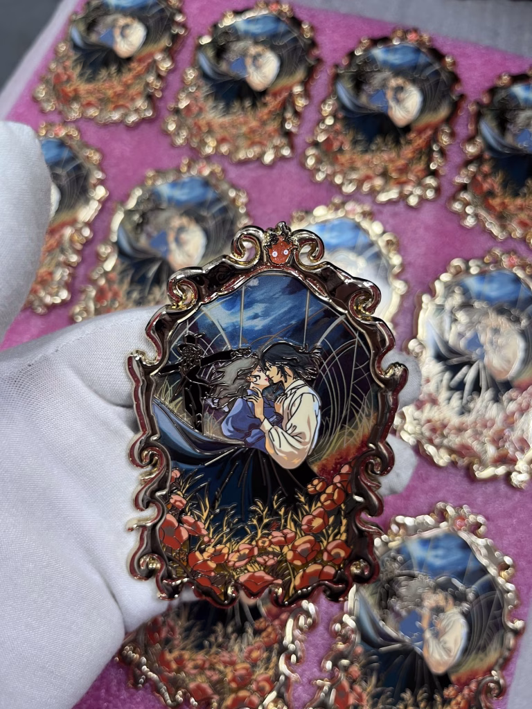 Custom 3D Hard Enamel Pin Design – “Couple in Poppies” Art Edition | Collectible