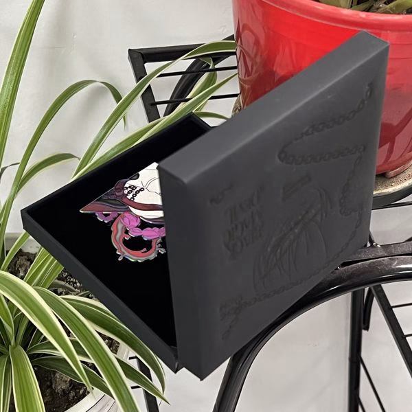 Custom mystery enamel pin set with gold-plated edges, smooth hard enamel surface, and collectible packaging.