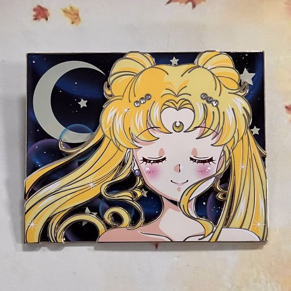 Pure Heart Guardian custom layered enamel pin with gold plated metal, imitation hard enamel character layer, gradient printed celestial background, and LE60 limited edition backing.