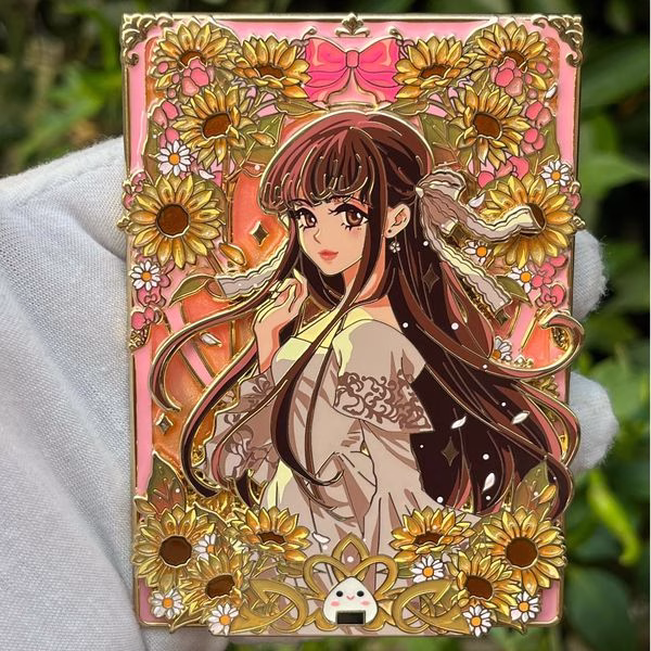 Enchanted Blooms – Tohru pin-on-pin 3D hard enamel pin with gold plating, sunflower frame, translucent enamel, and detailed character illustration.