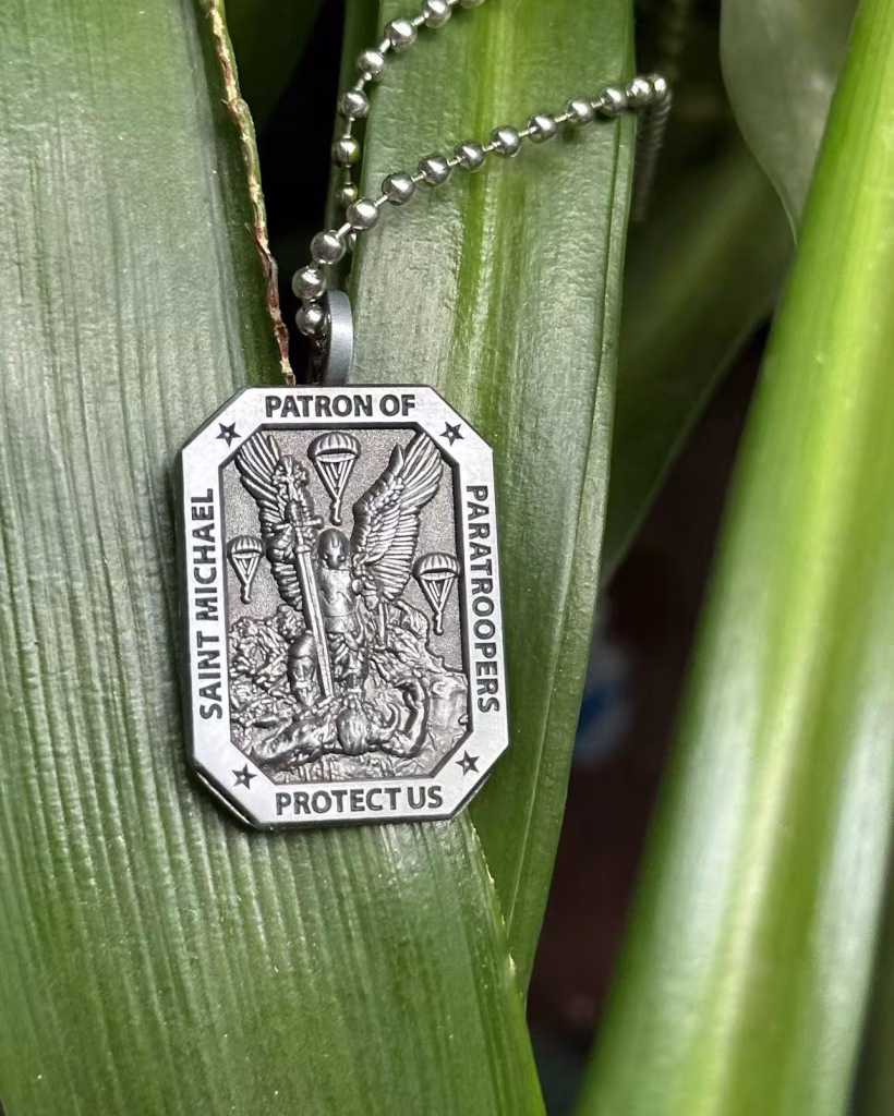 Custom St. Michael Medallion shown in natural lighting, emphasizing detailed 3D sculpting and wearable pendant design