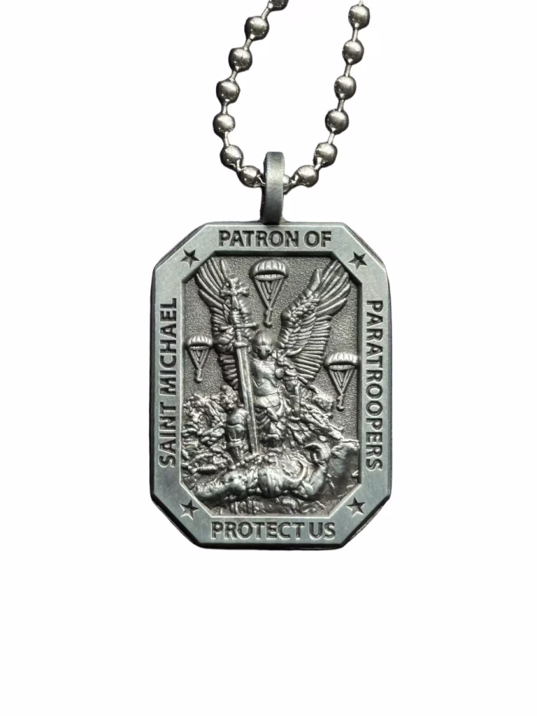 Front view of a Custom St. Michael Medallion with detailed 3D relief and antique silver finish